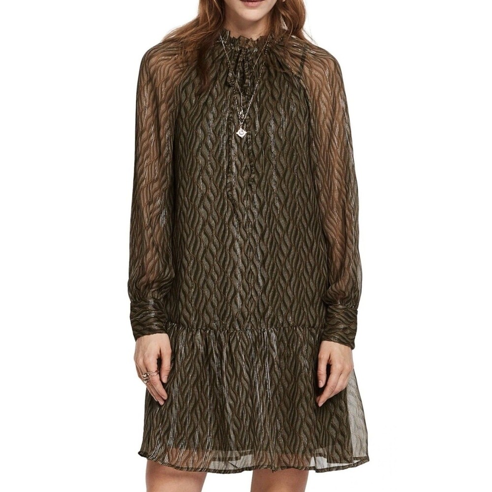 Scotch and Soda Sz L Maison Scotch Olive Green Metallic Ruffle Hem Midi Dress